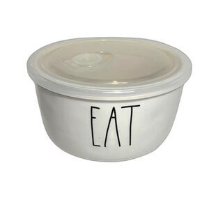 Rae Dunn Round White Ceramic “EAT” Food Storage Bowl with Vented Lid